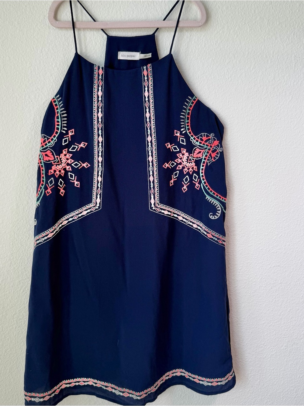 BLU PEPPER Sleeveless Navy Blue Embroidered Boho Mini Dress Cottagecore S - Picture 3 of 12